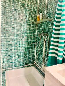 La salle de bains est pourvue de carrelage vert, d'une douche et d'un lavabo. dans l'établissement Studio des Carmes, à Toulouse