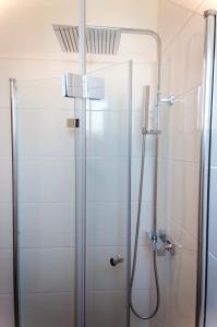 W łazience znajduje się prysznic ze szklanymi drzwiami. w obiekcie Domus Albus w mieście Zadar