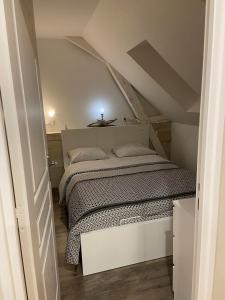 a small bedroom with a bed in a attic at Appartement du Château de la Caillerie in Avoine