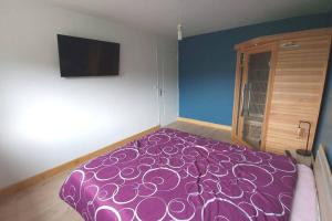 1 dormitorio con una gran alfombra morada en el suelo en Appart'Hotel Lizon Cocooning avec sauna, en Lavans-lès-Saint-Claude