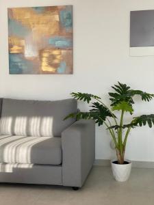 a living room with a couch and a potted plant at Vit'S sea Villa in Siviri