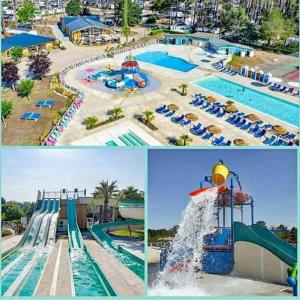 a collage of three pictures of a water park at Camping des Dunes de Contis mobilhome 3ch, in Saint-Julien-en-Born