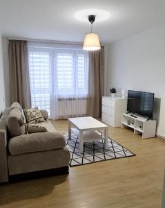 a living room with a couch and a table and a tv at Apartament Anna Iwonicz Zdrój in Iwonicz-Zdrój