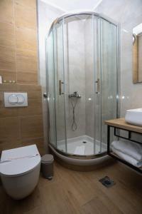 Un baño con ducha, inodoro y lavabo. en Hotel Board, en Jahorina