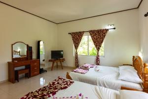1 Schlafzimmer mit 2 Betten, einem Spiegel und einem TV in der Unterkunft Casadani Luxury Apartment in Grand Anse