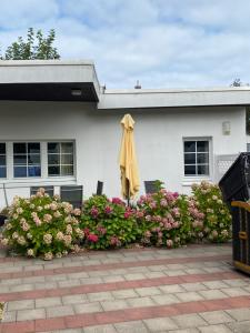 ノルダーナイにあるFerienhaus Thönnesの花の家の前の黄色い傘