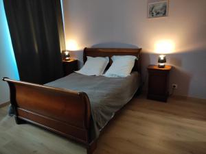 1 dormitorio con 1 cama con 2 mesitas de noche y 2 lámparas en Maison Gîte Nanie en Arbois