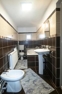 a bathroom with two sinks and a toilet and a tub at Pensiunea Poienita in Budeşti