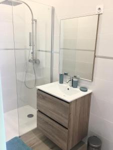 uma casa de banho com um lavatório e um chuveiro com um espelho. em L Ostalada em Roquefort-des-Corbières