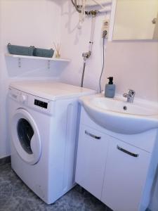 a bathroom with a washing machine and a sink at Masia Rosalia in L'Aldea