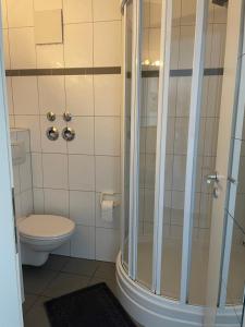 a bathroom with a shower and a toilet at Innenstadt Neumarkt-Schildergasse stylische Wohnung in Cologne