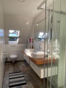 a bathroom with a sink and a glass shower at Grüner Baum in Langenbrand