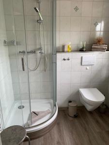 bagno con doccia e servizi igienici. di Ferienwohnung Bad Wilsnack a Bad Wilsnack