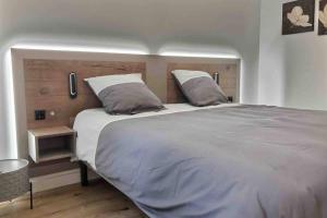 a bedroom with a large bed with two pillows at Très bel Appartement en rez de jardin, Talloires in Talloires