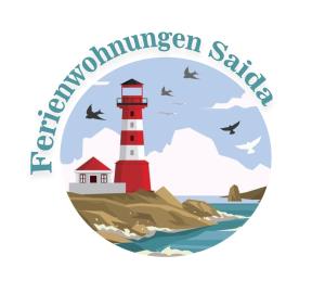 a lighthouse on a island in the ocean with gulls at Ferienwohnungen Saida Wohnung 3 in Norden