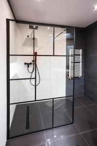 a bathroom with a shower with glass doors at Apartament Izabel in Nowy Targ