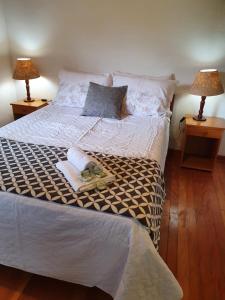 a bedroom with a large bed with two lamps at Recanto da Natureza- Chalé in Gonçalves