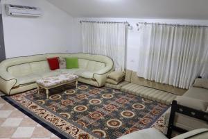 a living room with a couch and a rug at Mreoma hostel in Majdal Shams