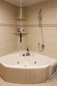 a bath tub in a bathroom with a shower at Mreoma hostel in Majdal Shams
