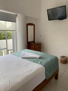 a bedroom with a bed and a mirror and a television at Casa calendario azteca in Playa del Carmen