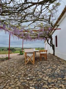 una mesa de picnic y un banco bajo un árbol con flores púrpuras en Monte do Arneiro, en Sousel