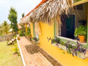 una casa gialla con una finestra con delle piante sopra di Casa Temática Icaraizinho a Icaraí