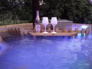 three wine glasses and a bottle on a table in a swimming pool at Casa Alesi in Dragoslavele