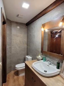a bathroom with a sink and a toilet and a mirror at La Cantina in Chanos