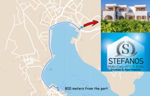 a map of the beach with a red arrow at Stefanos Studios in Skala