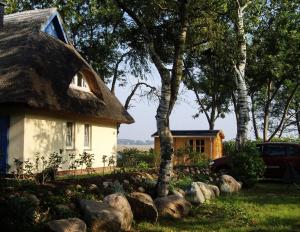 una casa con techo de paja y un patio con rocas en Landhaus an der Wiek, en Poseritz