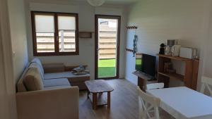 a living room with a couch and a tv at COSY T3 LACANAU in Lacanau