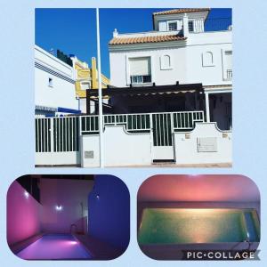 un collage de dos fotos de un edificio y un sofá púrpura en Chalet Francisco, en San Juan de los Terreros