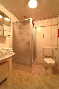 a bathroom with a shower and a toilet and a sink at Pension Zum Lebzelter in Freyung