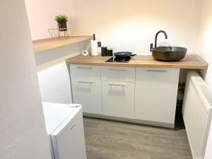 a kitchen with a sink and a bowl on a counter at Signature Residence in Mediaş +1 photo