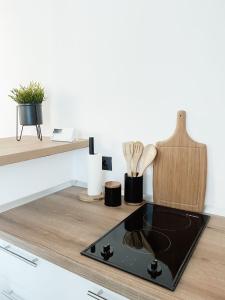 a kitchen with a stove top oven on a counter at Signature Residence in Mediaş