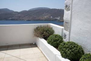 una pared blanca con algunas plantas al lado de un edificio en Asvestoti maisonettes Blue house en Astipalea