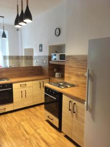una cucina con mobili in legno e un forno a piano cottura di Pokoje RELAX a Rybniště