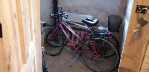 two bikes parked next to each other in a garage at Plně vybavený 2+1byt s balkonem a kójí pro kola a lyže. in Rokytnice v Orlických Horách