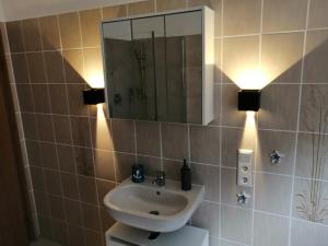 bagno con lavandino e specchio di Apartment am Felsen Züschen a Winterberg
