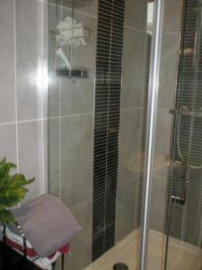 een badkamer met een douche en een glazen deur bij Kew Gardens National Archives Forest Road in Londen