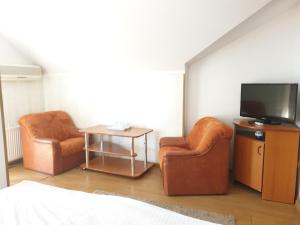 a living room with two chairs and a television at Pensiunea Confort in Suceava