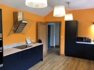 a kitchen with black cabinets and orange walls at Lower Farm Lodge in Stowmarket
