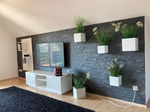 uma sala de estar com vasos de plantas numa parede de tijolos em Ferienwohnung Finkenschlag em Speyer