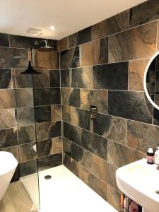 a bathroom with a toilet and a sink and a shower at Lower Farm Lodge in Stowmarket