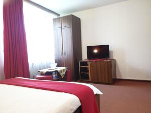 une chambre d'hôtel avec un lit et une télévision dans l'établissement Pensiunea ODN, à Scheia