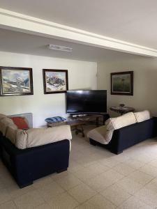 uma sala de estar com 2 sofás e uma televisão de ecrã plano em Hostatgeria i Restaurant Coll de Condreu em Les Planes d'Hostoles