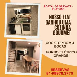 Flat Portal de Gravatá في غرافاتا: ملصق بصور مطبخ وغرفة طعام