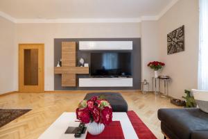 ein Wohnzimmer mit einem Sofa und einem TV in der Unterkunft Apartment Lina in Klagenfurt am Wörthersee