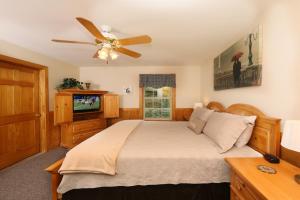 1 dormitorio con 1 cama y ventilador de techo en Holly Grove #1, en Pigeon Forge