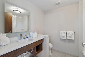 a bathroom with a toilet, sink, and mirror at Holiday Inn Express St. Augustine - Vilano Beach, an IHG Hotel in Saint Augustine
